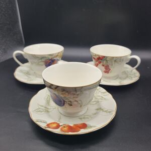 Set (3) Footed Cup & Saucers Summer Grove By Charter Club Casual Fruit Pattern
